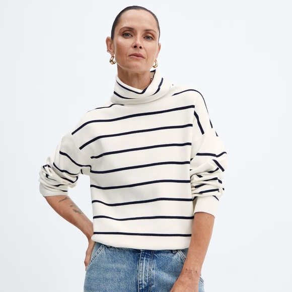 Mango Oversized Perkins Knit Sweater Cream Navy Stripe Breton Coastal Chic Large - Picture 1 of 16